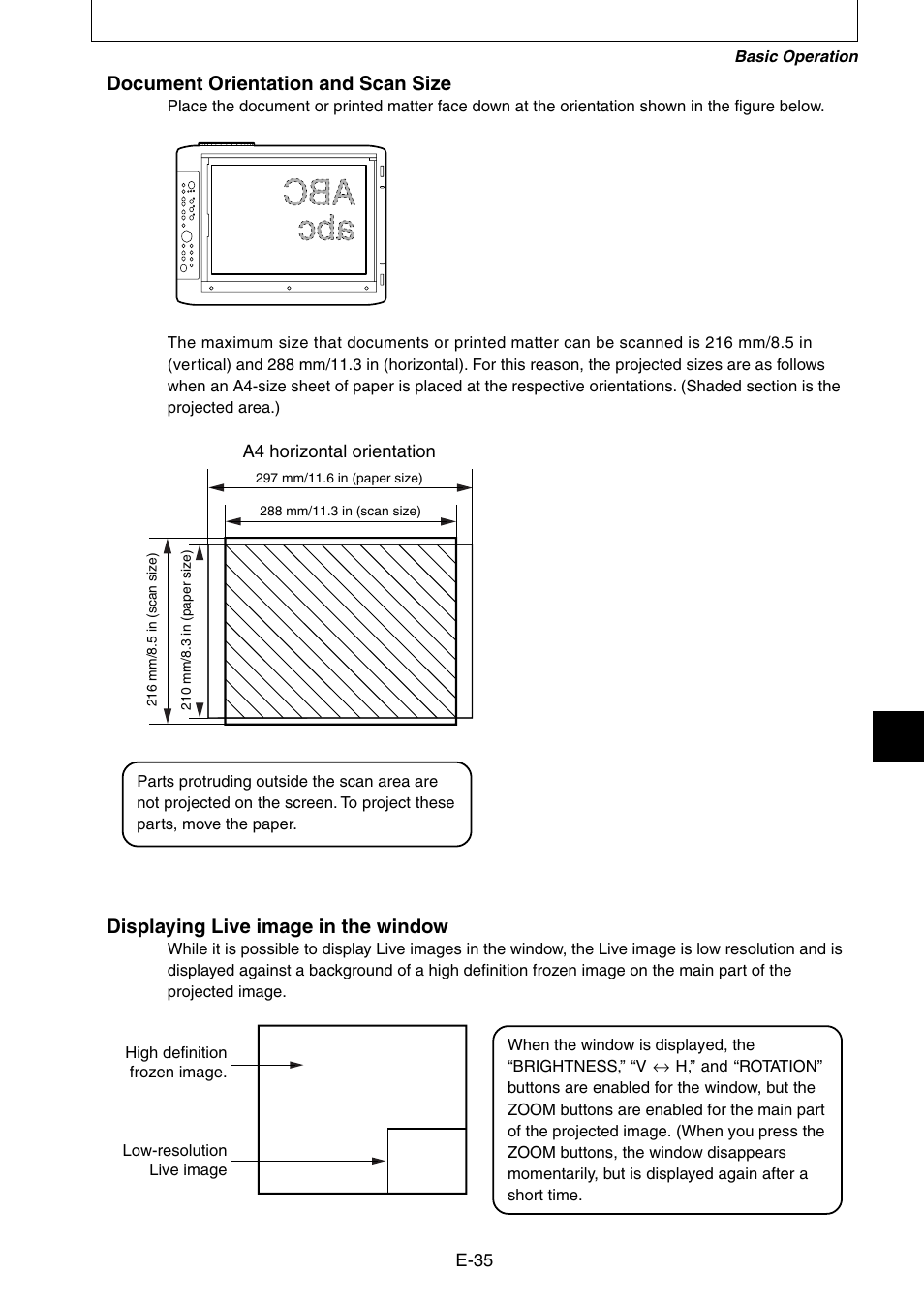 Document orientation and scan size, Displaying live image in the window | Nippon Aviotronics Multi-Function LCD Projector MP-50E User Manual | Page 35 / 59