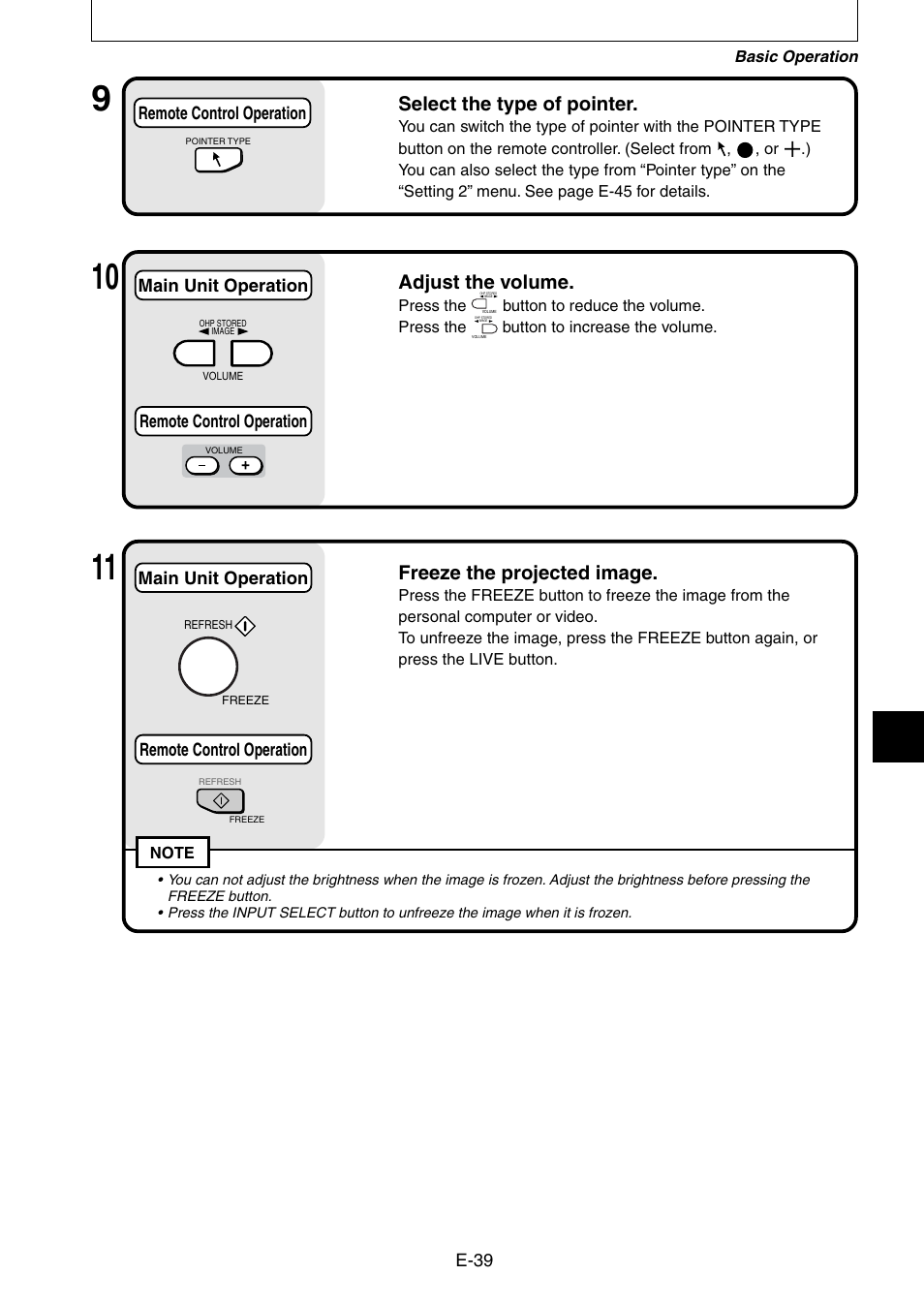 Select the type of pointer, Adjust the volume, Freeze the projected image | Nippon Aviotronics Multi-Function LCD Projector MP-50E User Manual | Page 39 / 59