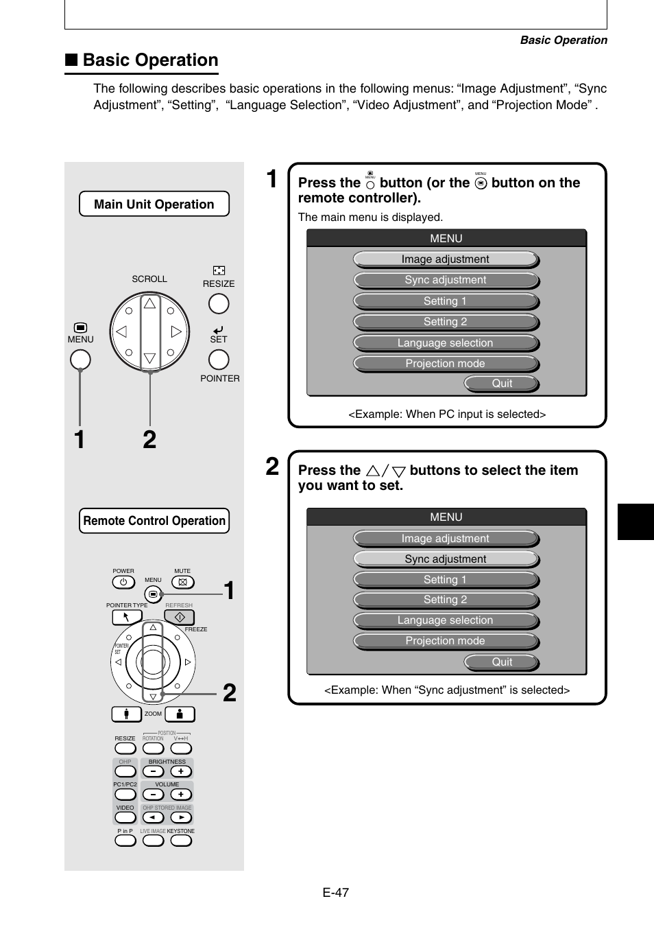 Basic operation, Press the, Button (or the | Button on the remote controller) | Nippon Aviotronics Multi-Function LCD Projector MP-50E User Manual | Page 47 / 59