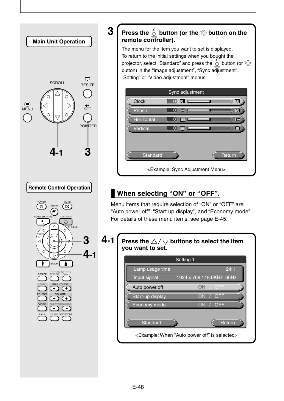 When selecting “on” or “off, Press the, Button (or the | Button on the remote controller) | Nippon Aviotronics Multi-Function LCD Projector MP-50E User Manual | Page 48 / 59