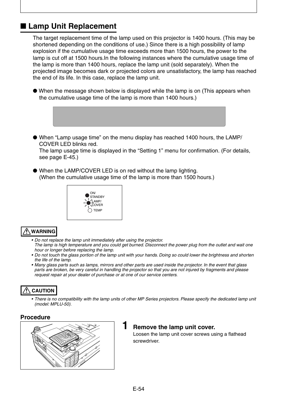 Lamp unit replacement | Nippon Aviotronics Multi-Function LCD Projector MP-50E User Manual | Page 54 / 59