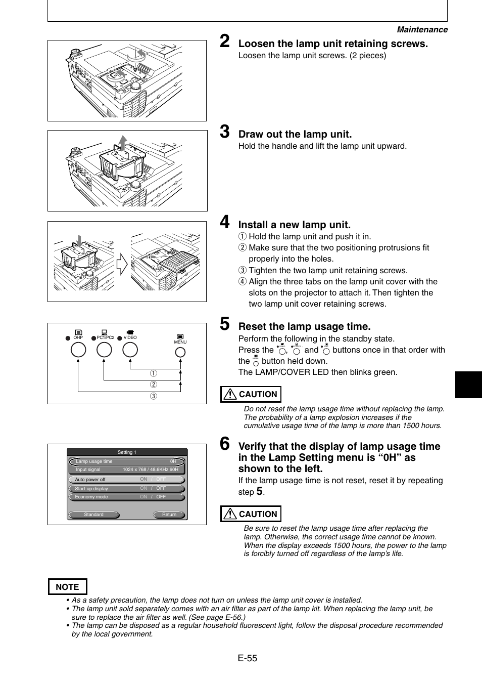 Loosen the lamp unit retaining screws, Draw out the lamp unit, Install a new lamp unit | Reset the lamp usage time | Nippon Aviotronics Multi-Function LCD Projector MP-50E User Manual | Page 55 / 59