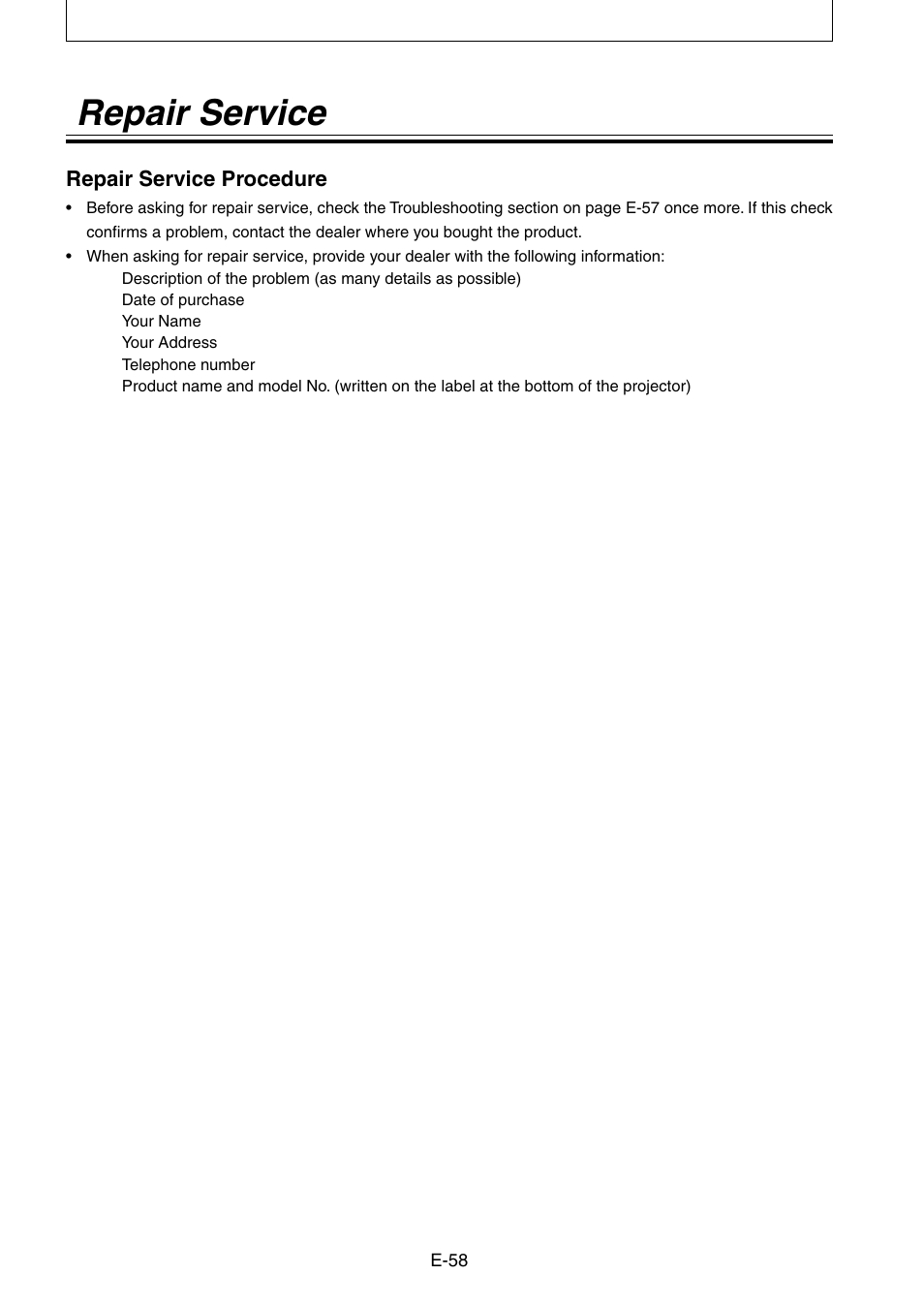 Repair service | Nippon Aviotronics Multi-Function LCD Projector MP-50E User Manual | Page 58 / 59