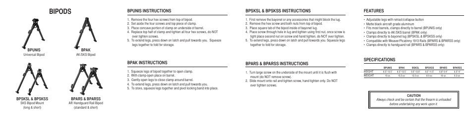 Bipods, Bpunis instructions, Bpak instructions | Bpsksl & bpskss instructions, Bpars & bparss instructions, Features, Specifications | AIM Sports Bipods User Manual | Page 2 / 2