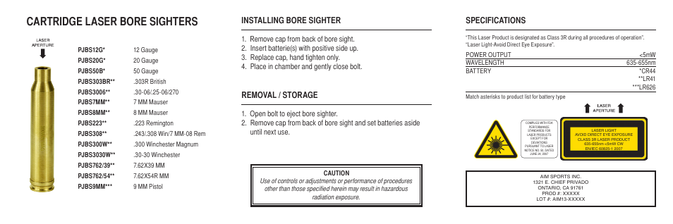 Cartridge laser bore sighters, Installing bore sighter, Removal / storage | Specifications | AIM Sports Cartridge Laser Bore Sighters User Manual | Page 2 / 2
