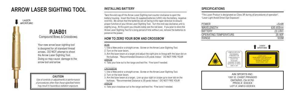 Pjab01, Arrow laser sighting tool | AIM Sports Arrow Laser Sighting Tool User Manual | Page 2 / 2