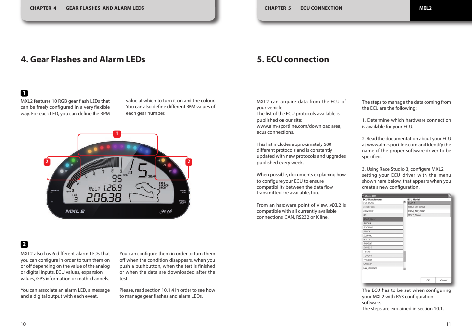 Gear flashes and alarm leds, Ecu connection | AiM MXL2 User Manual | Page 6 / 22