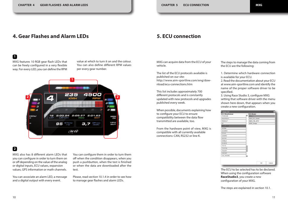 Gear flashes and alarm leds, Ecu connection | AiM MXG User Manual | Page 6 / 22