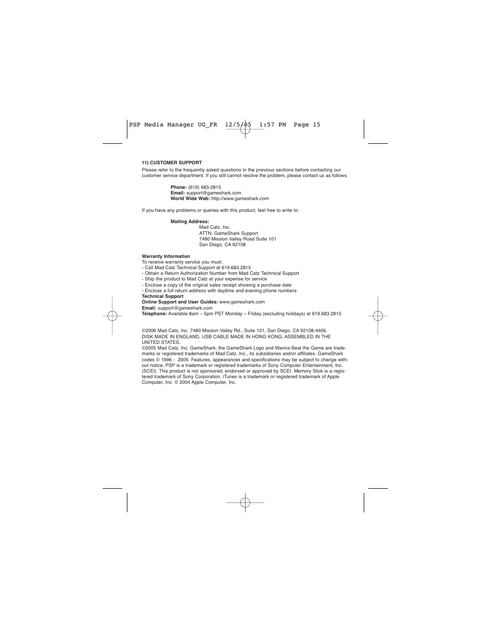 Mad Catz GameShark Media Manager for PSP User Manual | Page 15 / 15
