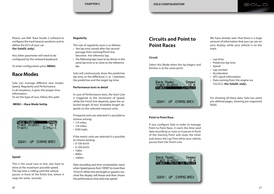 Race modes, Circuits and point to point races | AiM SoloDL User Manual | Page 11 / 21