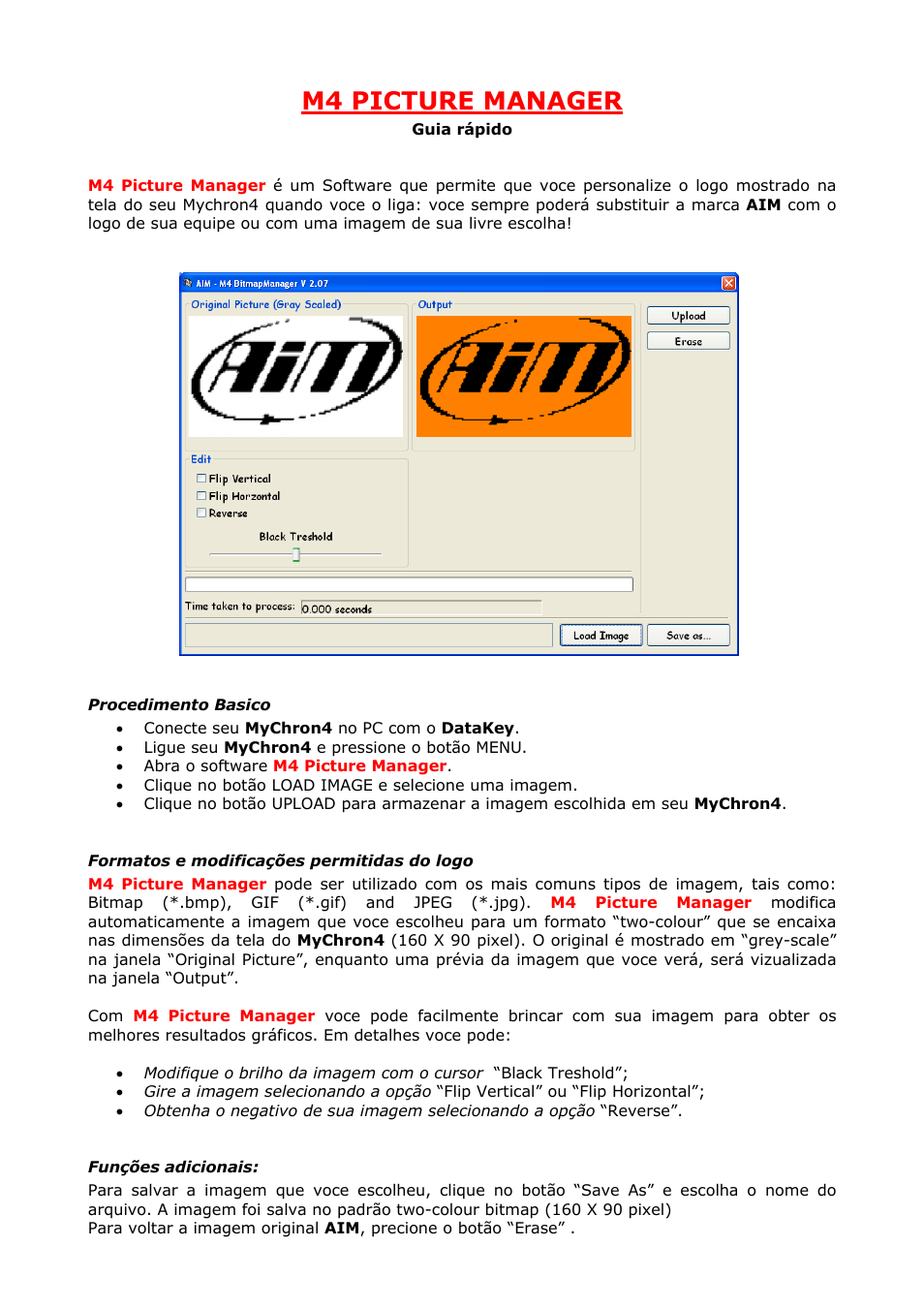 M4 picture manager, Procedimento basico, Formatos e modificações permitidas do logo | Funções adicionais | AiM MyChron4 Quick guide User Manual | Page 3 / 8