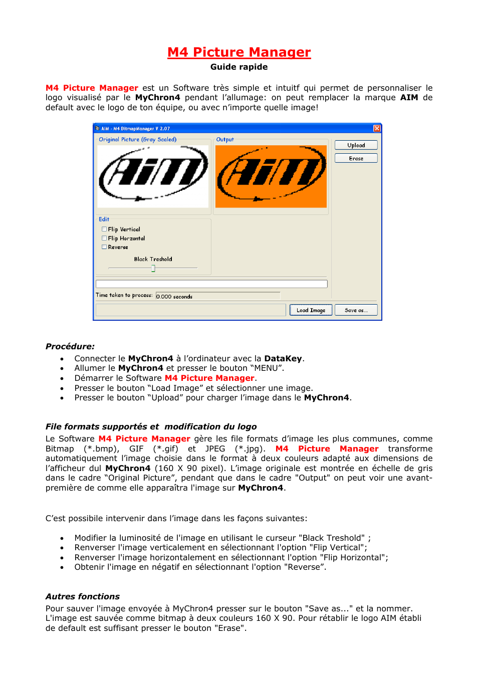 M4 picture manager, Procédure, File formats supportés et modification du logo | Autres fonctions | AiM MyChron4 Quick guide User Manual | Page 6 / 8