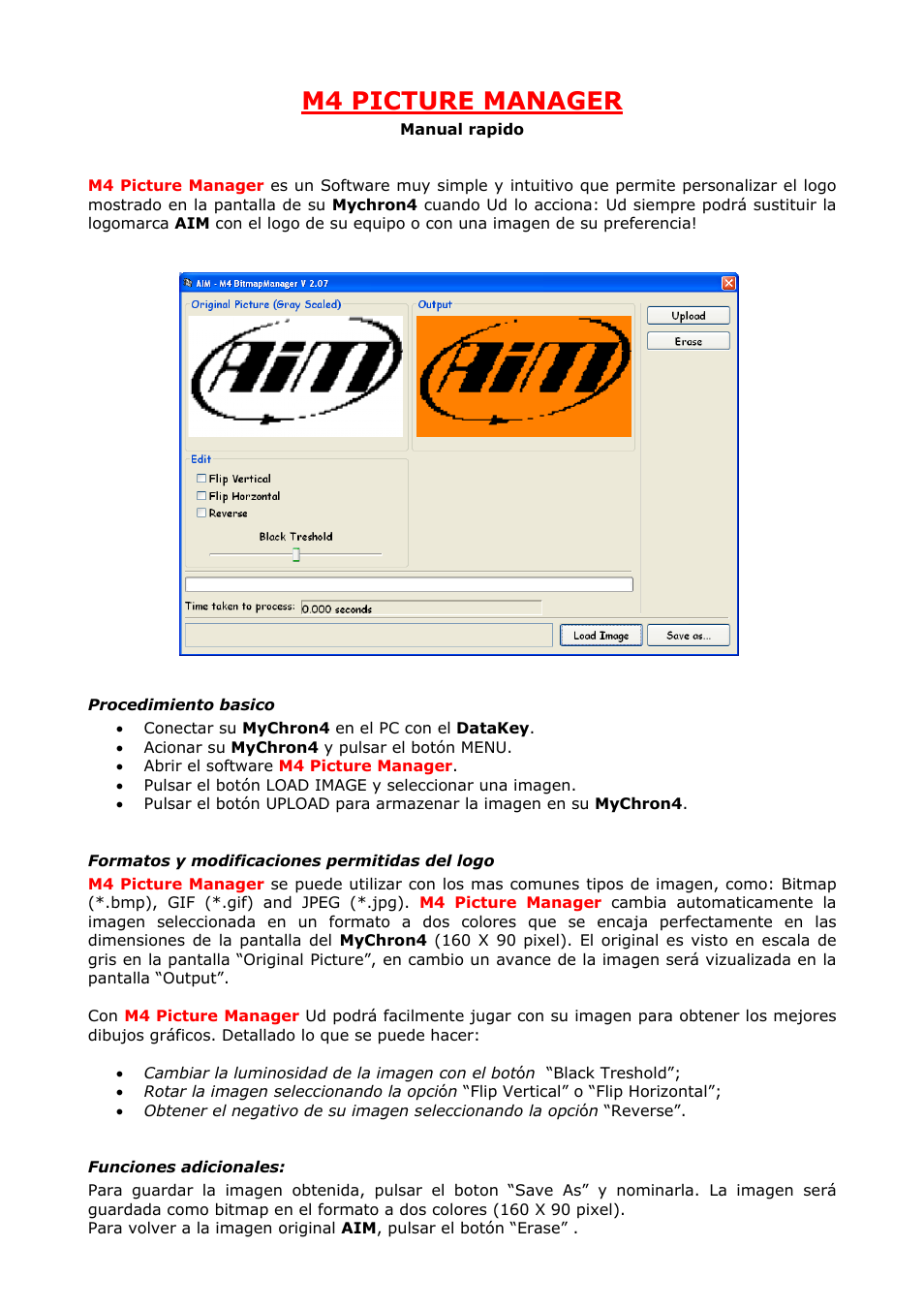 M4 picture manager, Procedimiento basico, Formatos y modificaciones permitidas del logo | Funciones adicionales | AiM MyChron4 Quick guide User Manual | Page 7 / 8