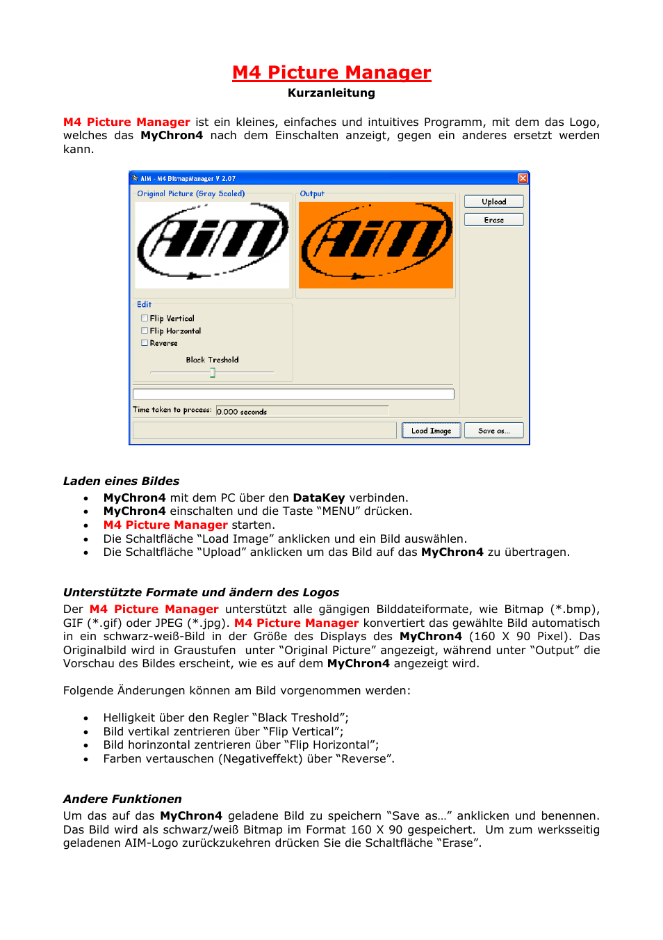 M4 picture manager, Laden eines bildes, Unterstützte formate und ändern des logos | Andere funktionen | AiM MyChron4 Quick guide User Manual | Page 8 / 8