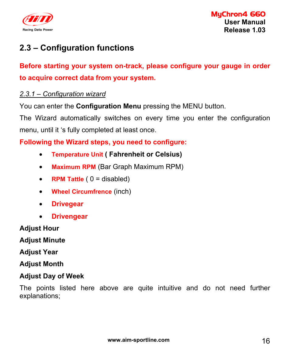 3 – configuration functions | AiM MyChron4 660 User Manual | Page 17 / 87
