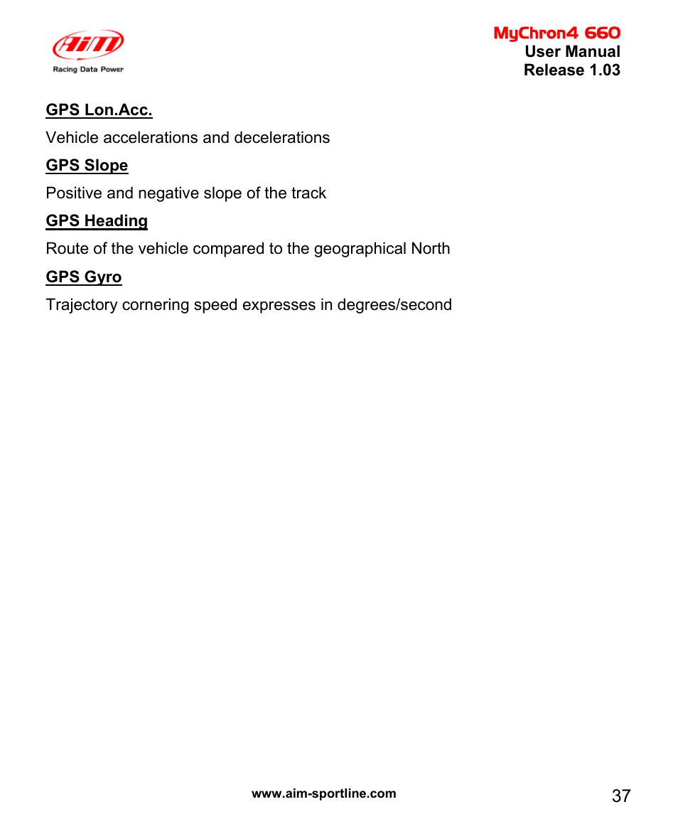 AiM MyChron4 660 User Manual | Page 38 / 87