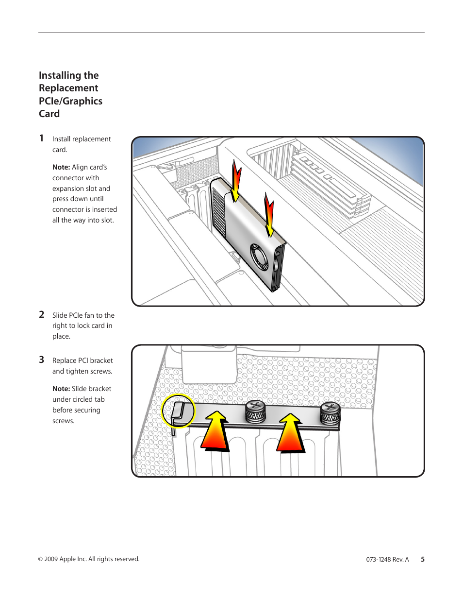 Installing the replacement pcie/graphics card 1 | Apple Mac Pro (PCIe/Graphics Card Replacement) User Manual | Page 5 / 6