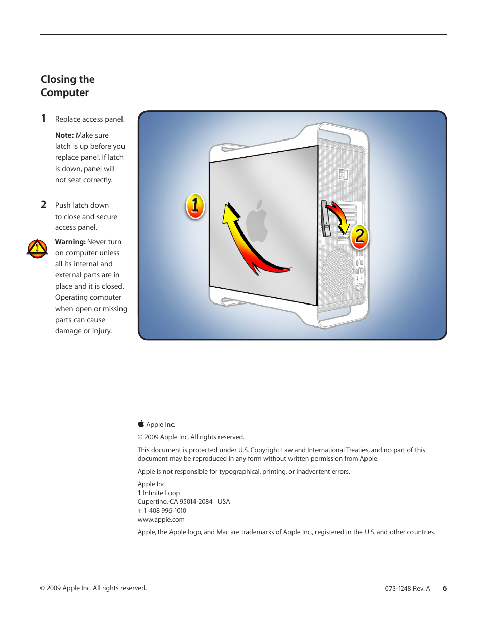 Closing the computer 1 | Apple Mac Pro (PCIe/Graphics Card Replacement) User Manual | Page 6 / 6