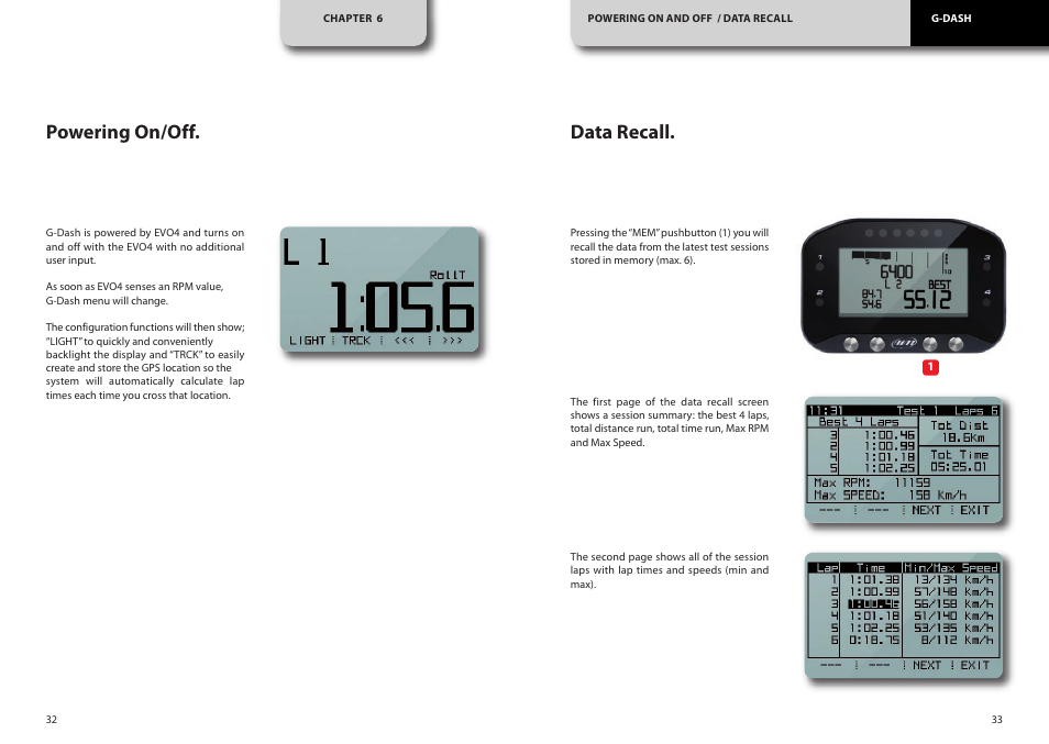 Powering on/off. data recall | AiM G-Dash User Manual | Page 17 / 20