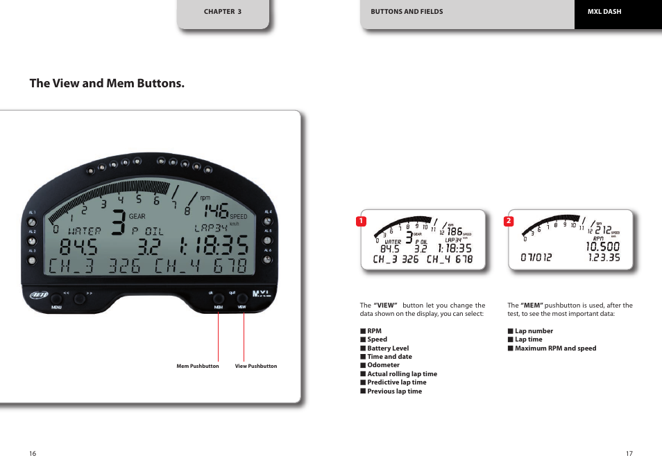 The view and mem buttons | AiM MXL Dash User Manual | Page 9 / 10