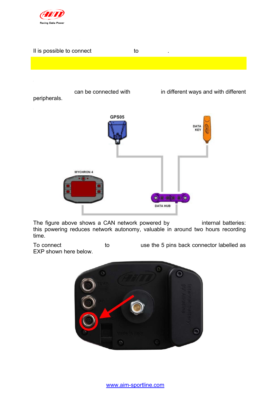 4 – gps05 module and mychron4, 1 – connection and power, 1 – connection with internal power | AiM GPS05 Module User Manual | Page 12 / 32