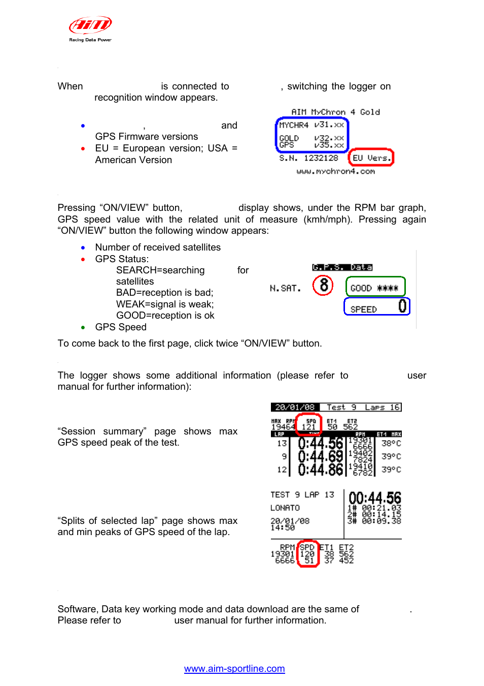 5 – mychron4: data visualisation, 1 – data visualisation while recording, 2 – data visualization during data recall | 6 – mychron4 data key for data download | AiM GPS05 Module User Manual | Page 21 / 32