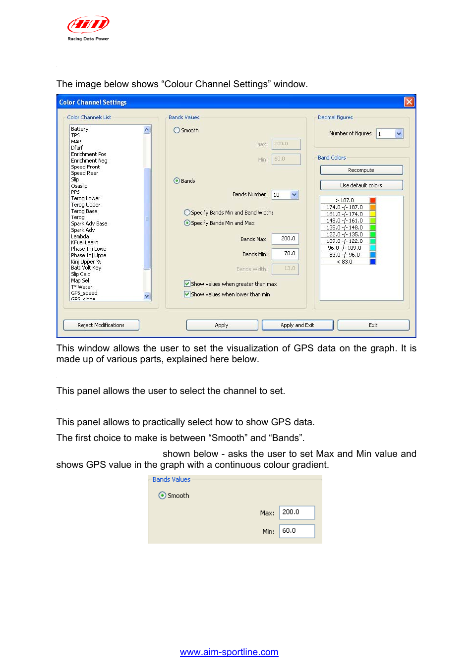 1 – settings gps channels graphic view, 1 – colour channel list, 2 – bands values | AiM GPS05 Module User Manual | Page 25 / 32