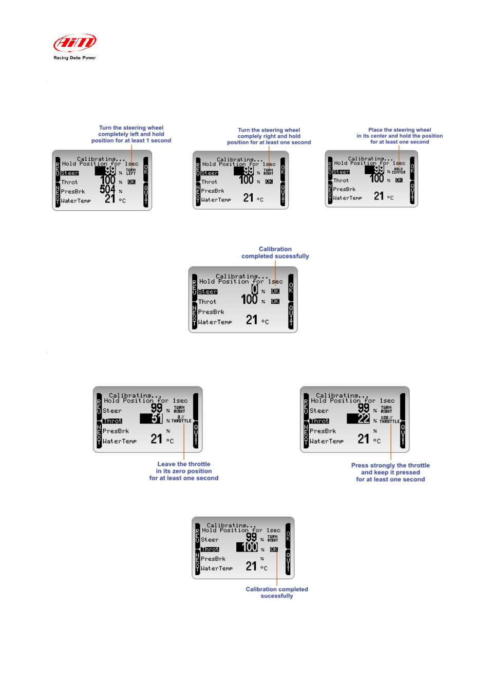 1 – calibrating the steering potentiometer, 2 – calibrating throttle and brake potentiometer | AiM MyChron Expansion User Manual | Page 10 / 16