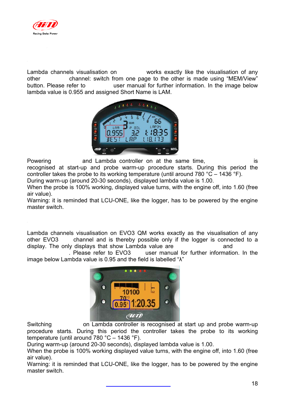 Chapter 6 – data visualisation on mxl qm/evo3 qm, 1 – data visualisation on mxl qm, 2 – data visualisation on evo3 | AiM LCU-One CAN for MXL QM/EVO3 QM User Manual | Page 19 / 22