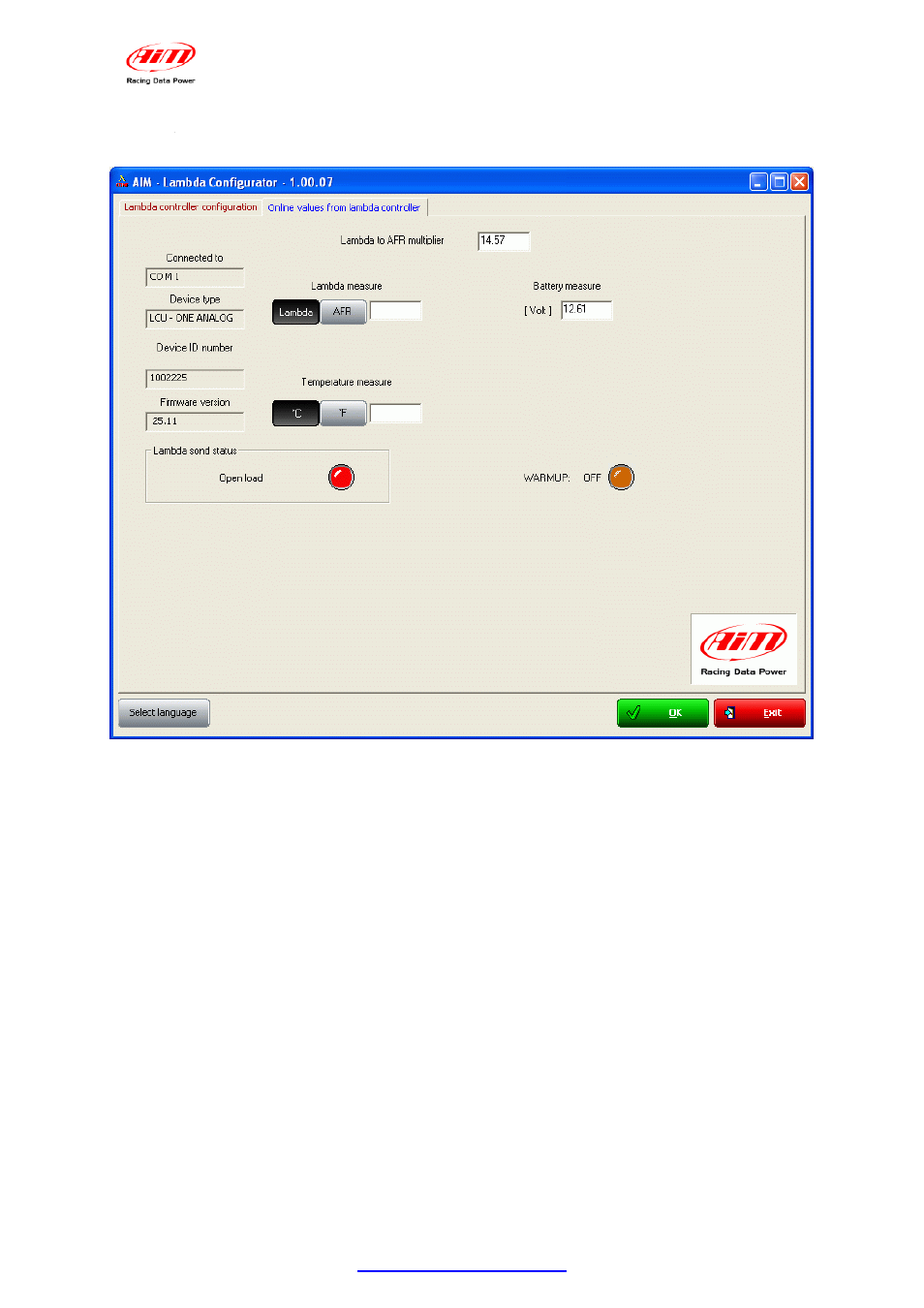 Chapter 4 – online values from lambda controller | AiM LCU-One Analog  ver 1.02 User Manual | Page 14 / 16