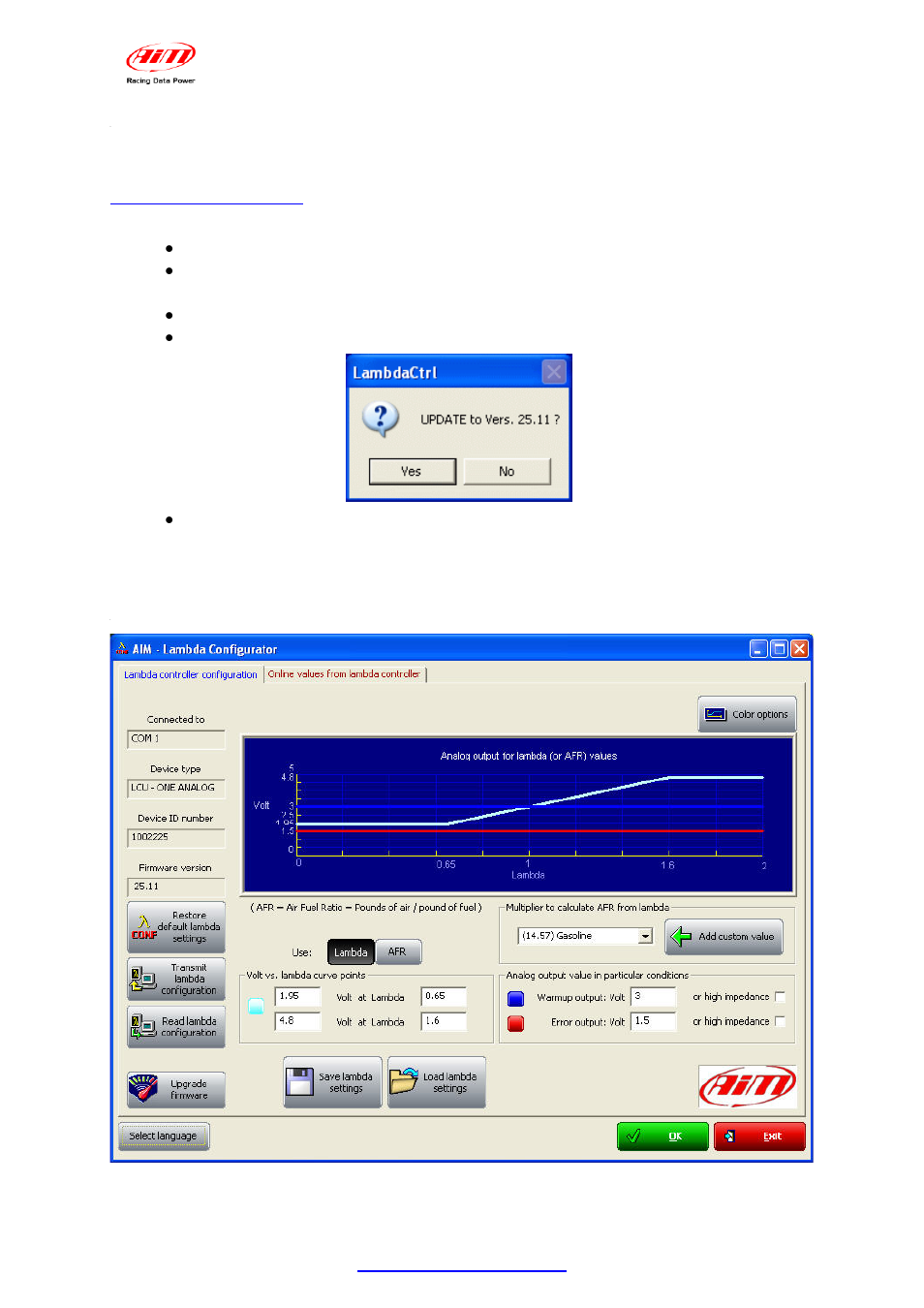 1 – preliminary operation, 2 – configuring lambda controller | AiM LCU-One Analog  ver 1.02 User Manual | Page 9 / 16