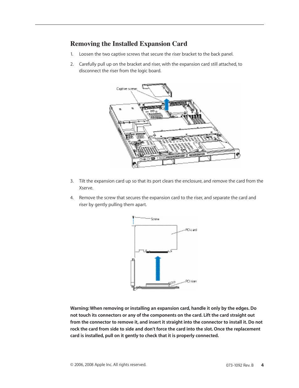 Removing the installed expansion card | Apple Xserve Late 2006/Early 2008 (PCI Expansion Card Replacement) User Manual | Page 4 / 6