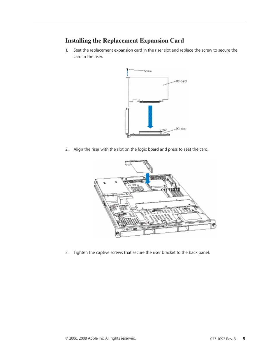 Installing the replacement expansion card | Apple Xserve Late 2006/Early 2008 (PCI Expansion Card Replacement) User Manual | Page 5 / 6