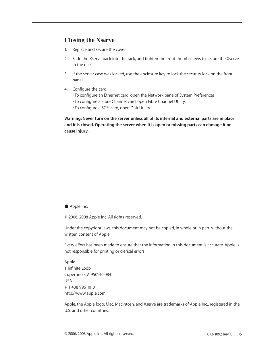 Closing the xserve | Apple Xserve Late 2006/Early 2008 (PCI Expansion Card Replacement) User Manual | Page 6 / 6
