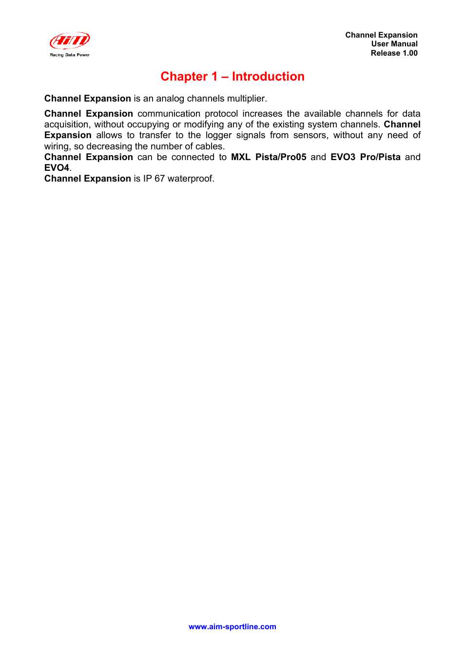 Chapter 1 – introduction | AiM Channel Expansion User Manual | Page 3 / 7