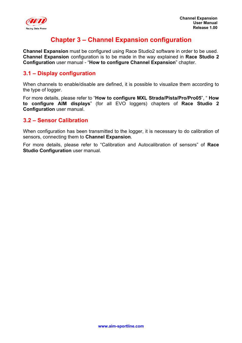 Chapter 3 – channel expansion configuration, 1 – display configuration, 2 – sensor calibration | AiM Channel Expansion User Manual | Page 5 / 7