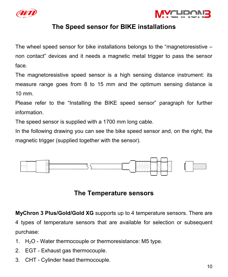 The speed sensor for bike installations, The temperature sensors | AiM MyChron3 XG Log User Manual | Page 10 / 91