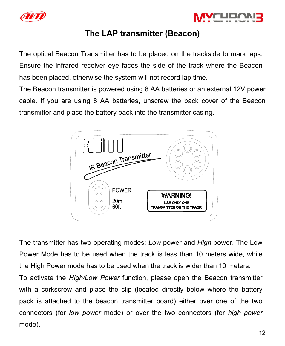 The lap transmitter (beacon) | AiM MyChron3 XG Log User Manual | Page 12 / 91