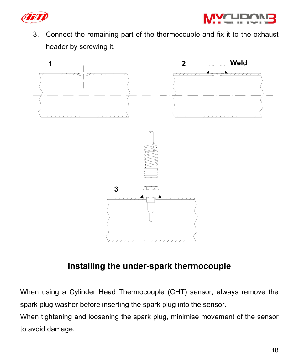 Installing the under-spark thermocouple | AiM MyChron3 XG Log User Manual | Page 18 / 91