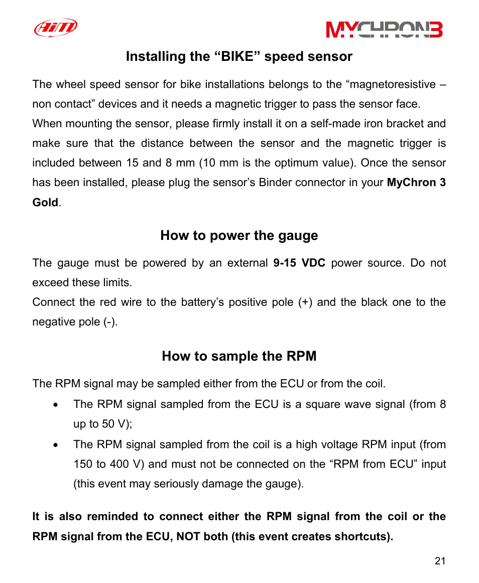 Installing the “bike” speed sensor, How to power the gauge, How to sample the rpm | AiM MyChron3 XG Log User Manual | Page 21 / 91