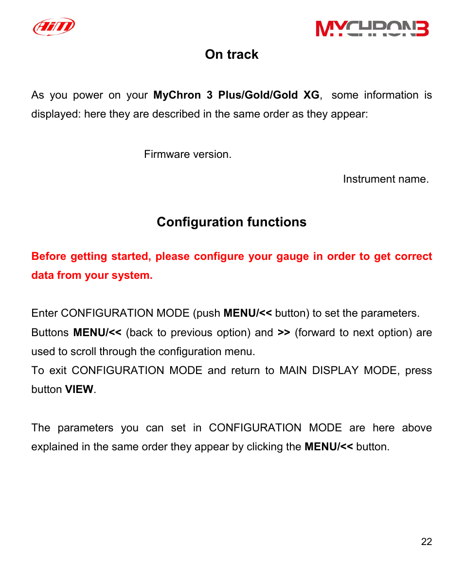On track, Configuration functions, N track | Aim 1_xy, Myc 3 plus/gold/gold xg car/bike | AiM MyChron3 XG Log User Manual | Page 22 / 91