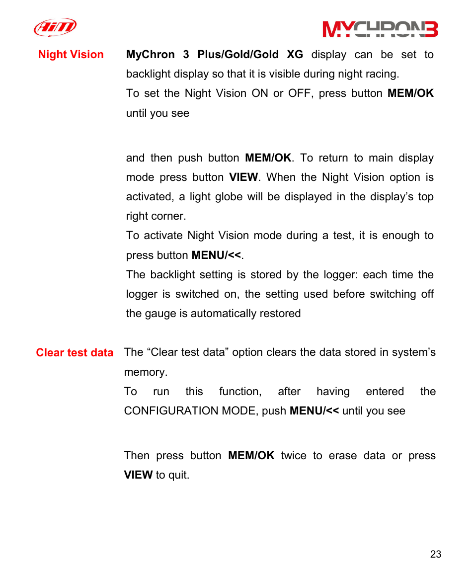Night vision on/off, Clear test data | AiM MyChron3 XG Log User Manual | Page 23 / 91