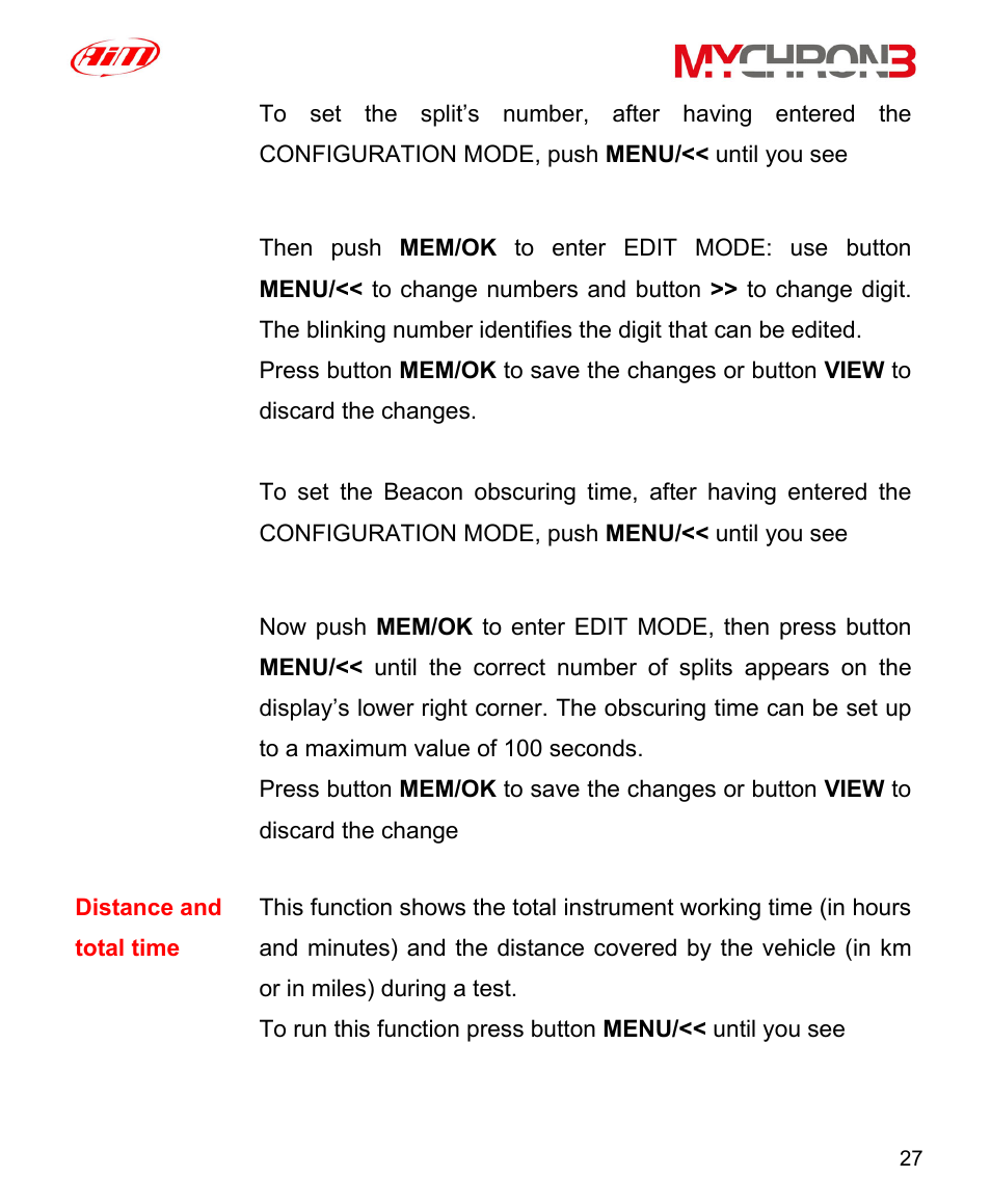 Number of splits, Obscuring time, Total running | AiM MyChron3 XG Log User Manual | Page 27 / 91