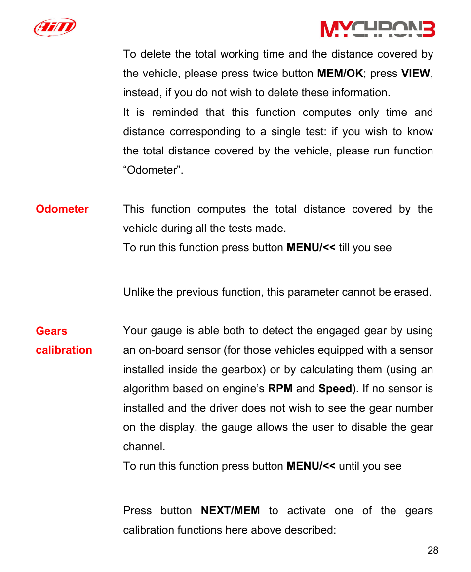 Odometer, Gear calibration | AiM MyChron3 XG Log User Manual | Page 28 / 91