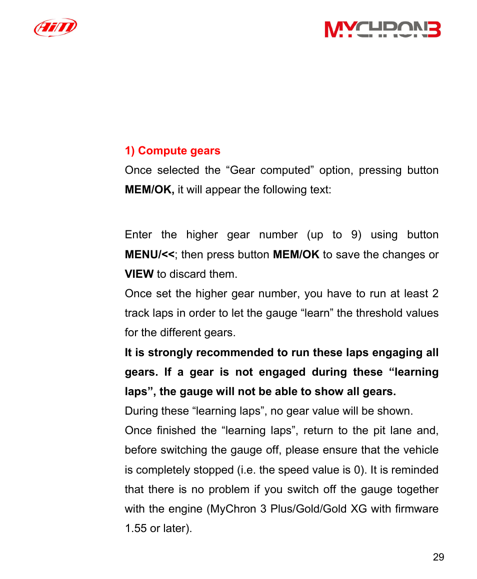 Gear computed gear is disabled gear with sensor, Higher gear | AiM MyChron3 XG Log User Manual | Page 29 / 91