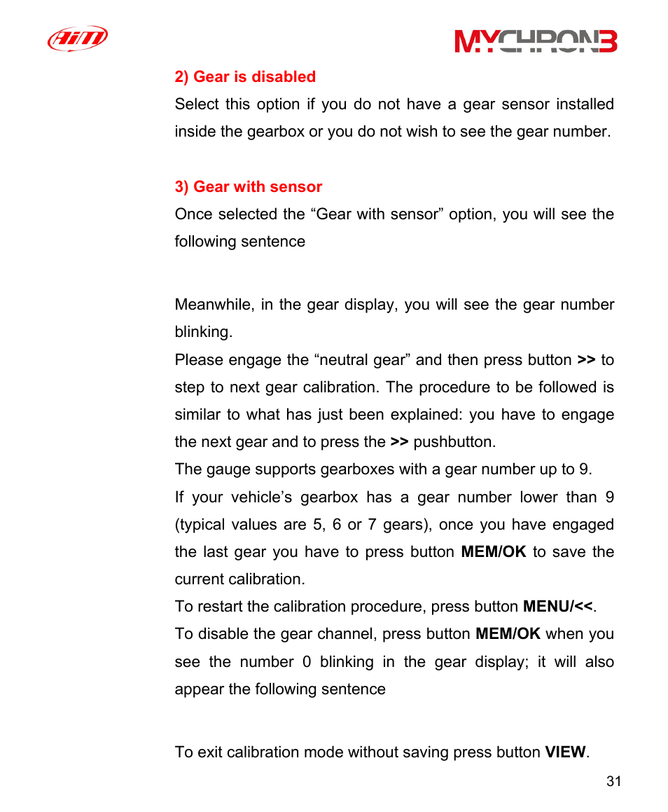 Insert gear, Gear is disabled | AiM MyChron3 XG Log User Manual | Page 31 / 91