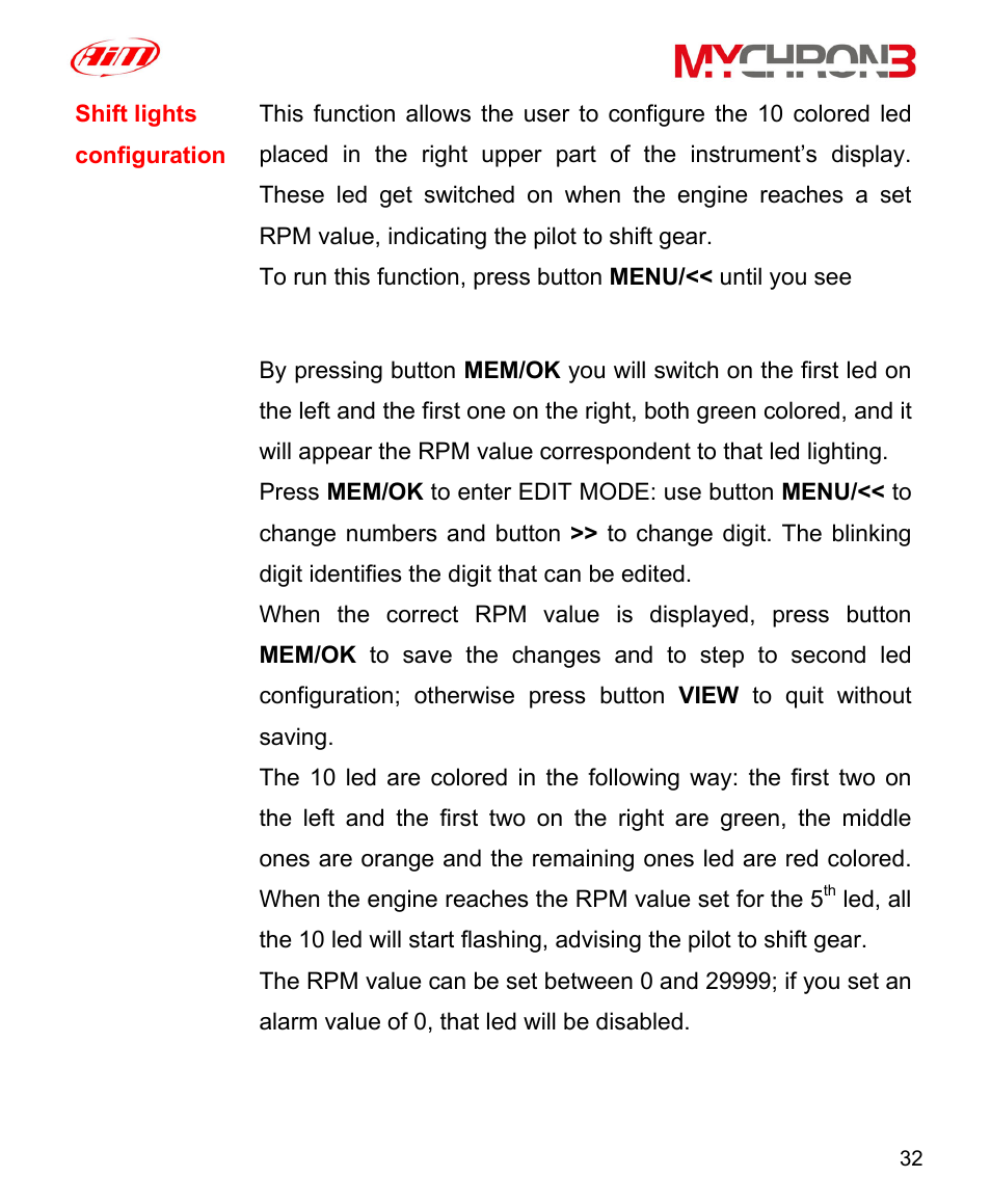 Shift light | AiM MyChron3 XG Log User Manual | Page 32 / 91