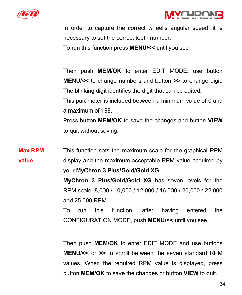 Pulses on wheel, Max rpm value | AiM MyChron3 XG Log User Manual | Page 34 / 91