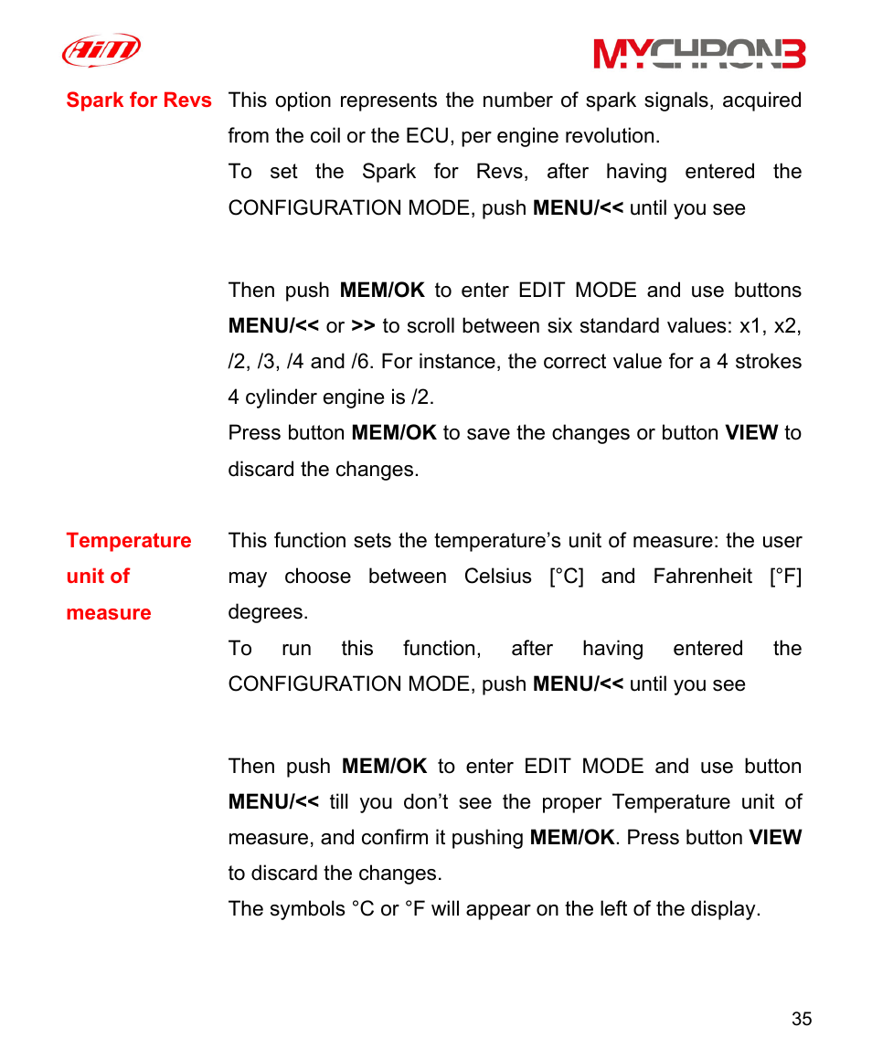 Spark for revs, Fahrenheit/celsius | AiM MyChron3 XG Log User Manual | Page 35 / 91