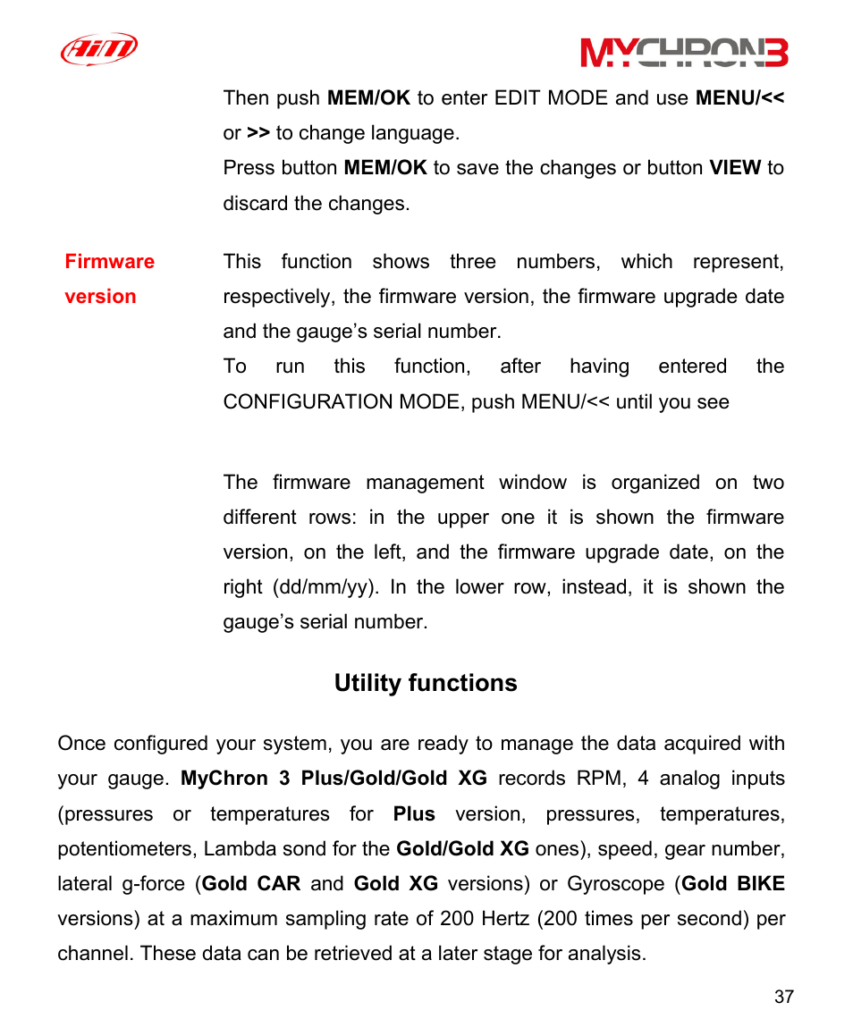 Utility functions, Firmware version | AiM MyChron3 XG Log User Manual | Page 37 / 91